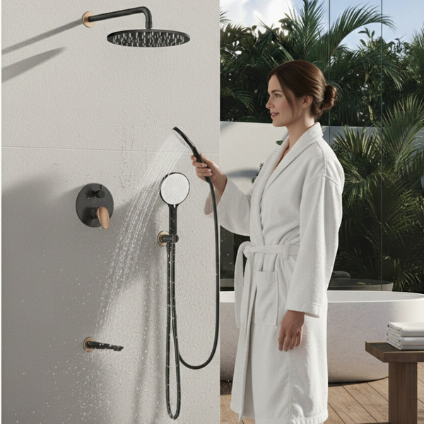 BASSINO Luxury Concealed Shower Set | Overhead Rain Shower with Hand Shower & Spout- 5 Years Warranty Matt Black with Rose Gold