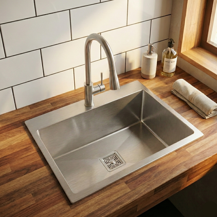 Handmade SS 304 Grade Single Bowl Kitchen Sink, Matte Finish, 30x18x9 In, 25 Years Warranty