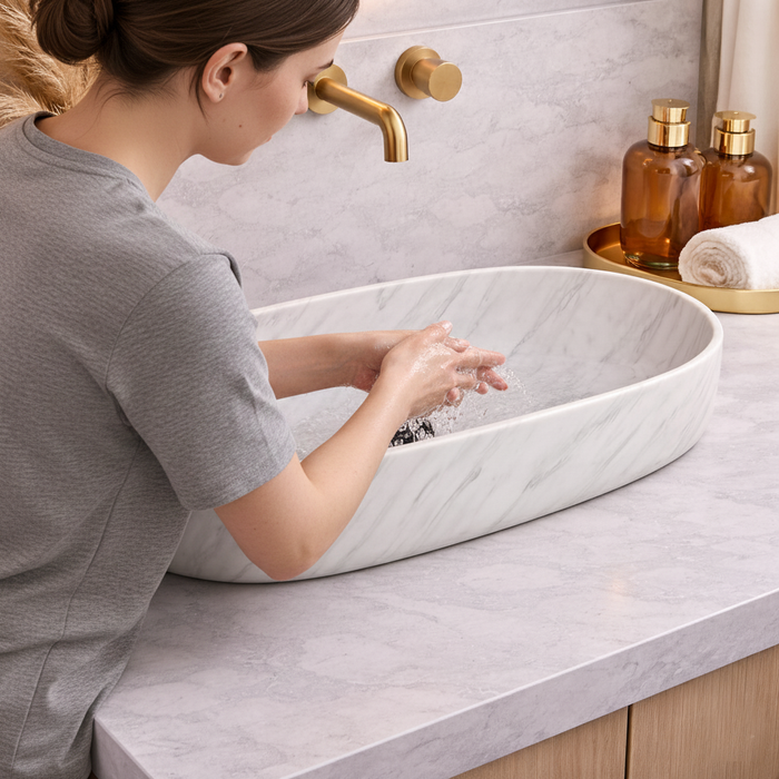 Glossy Marble Oval Countertop Wash Basin | (27" × 14" × 6" IN) Designer Bathroom Sink