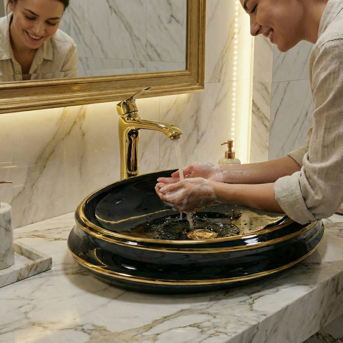 Premium Designer Ceramic Table Top Wash Basin, Black-Gold Glossy (23.5 x 16 x 5.5 In) ZXTT/738