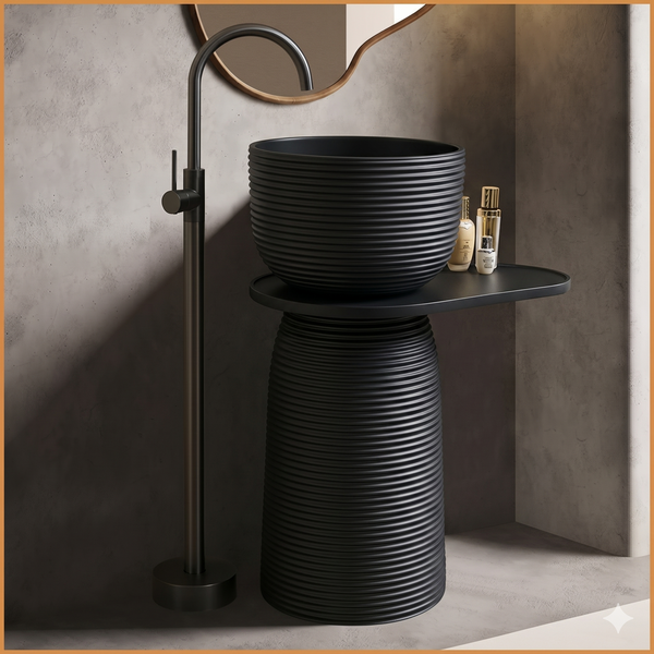 Luxury Pedestal Wash Basin with Side Shelf | Artificial Stone Freestanding Basin - 24″ × 16″ × 34″ In Black