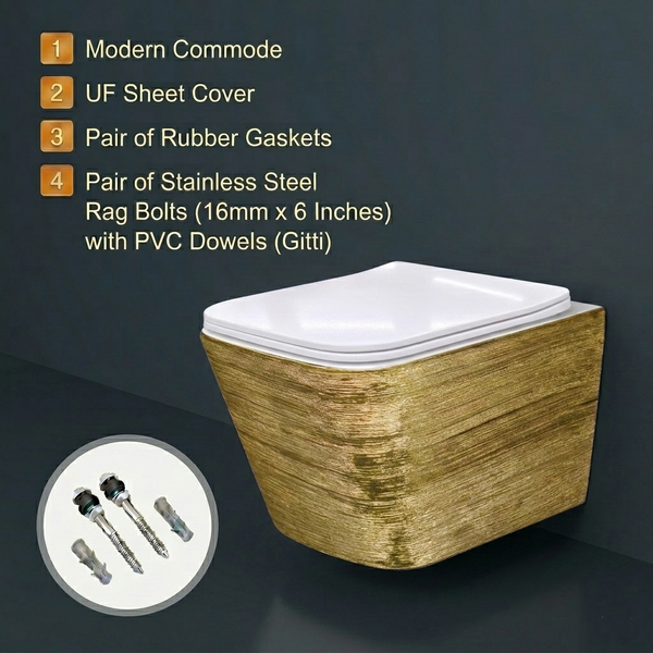 Bassino NCWH 1088 Wall Hung Toilet (21 x 14 x 5 Inches) – White Glossy Inside with Gold Texture Finish | Modern Designer WC