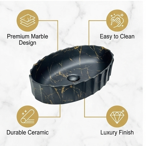 Matte Marble Finish Designer Oval Countertop Bathroom Sink Wash Basin (22" × 14" × 6" IN) Black