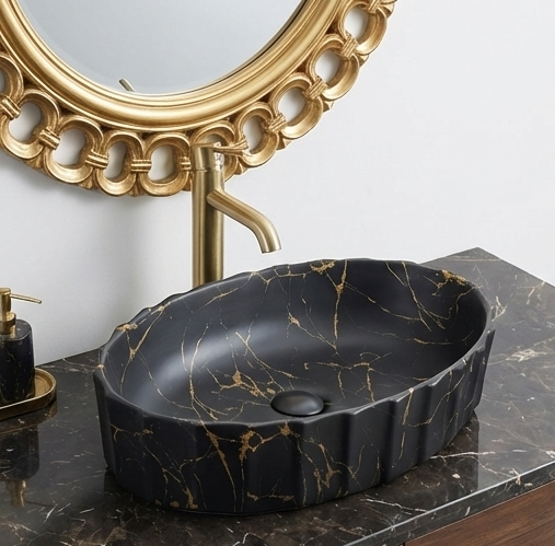 Matte Marble Finish Designer Oval Countertop Bathroom Sink Wash Basin (22" × 14" × 6" IN)