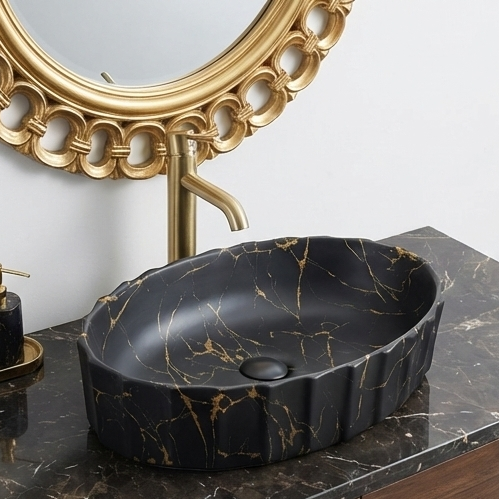 Matte Marble Finish Designer Oval Countertop Bathroom Sink Wash Basin (22" × 14" × 6" IN) Black