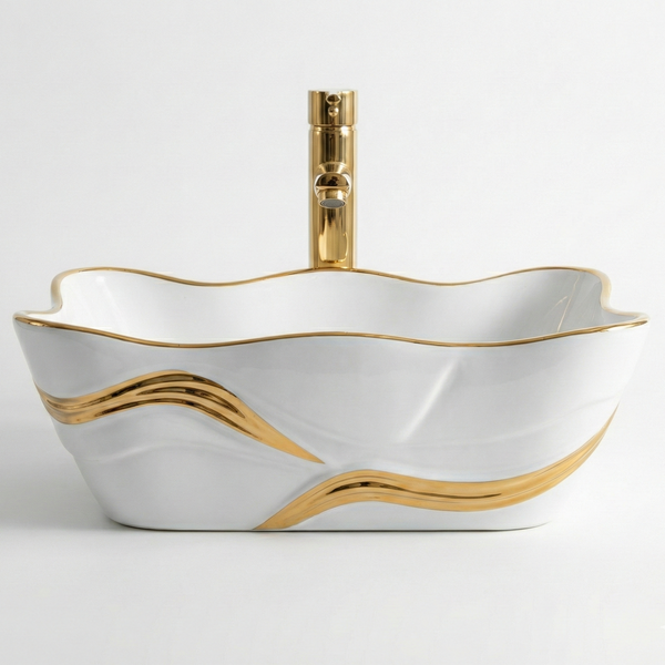 Premium Designer Ceramic Table Top Wash Basin, White with Gold Glossy (20 x 15 x 6 In) White