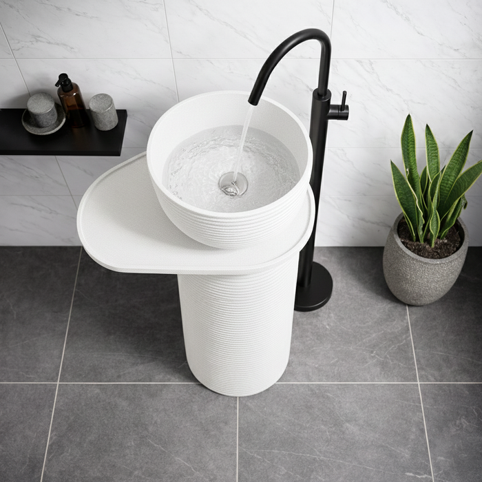 Luxury Pedestal Wash Basin with Side Shelf | Artificial Stone Freestanding Basin | 23.5″ × 16″ × 34″ In White