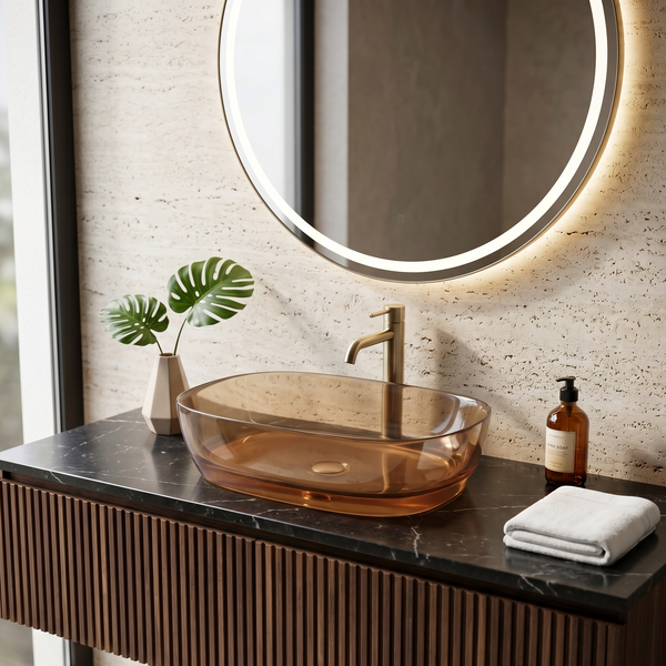 Bassino Modern Transparent Resin Wash Basin | Stylish Countertop Wash Basin for Bathroom–550x360x140 mm Brown