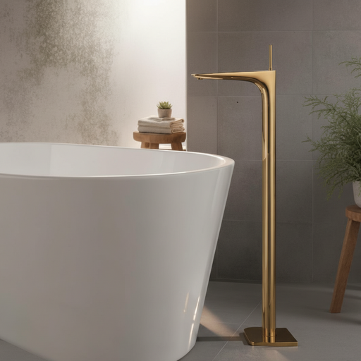 Gold freestanding bathtub faucet in a modern bathroom setting with a white bathtub and gray tiles.