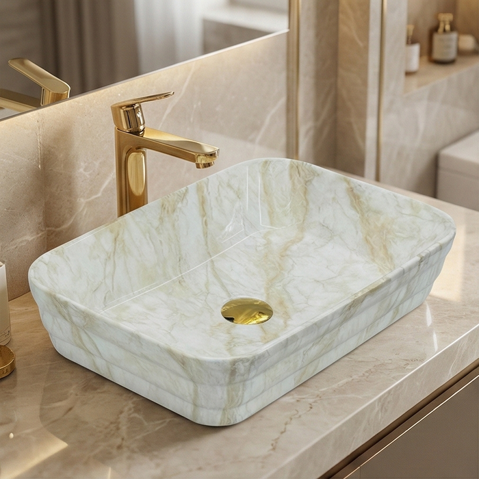 Glossy Marble Finish Rectangular Countertop Bathroom Sink Wash Basin (20" × 14" × 5" IN)