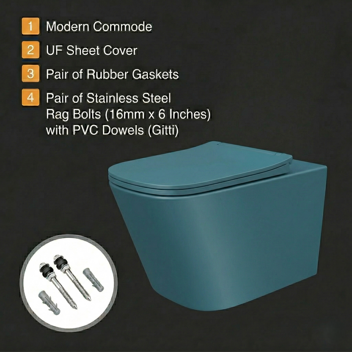 Bassino Matt Kohler Blue Wall Hung Toilet – Rimless WC with UF Seat Cover | 20.5 x 13.5 x 14 Inches