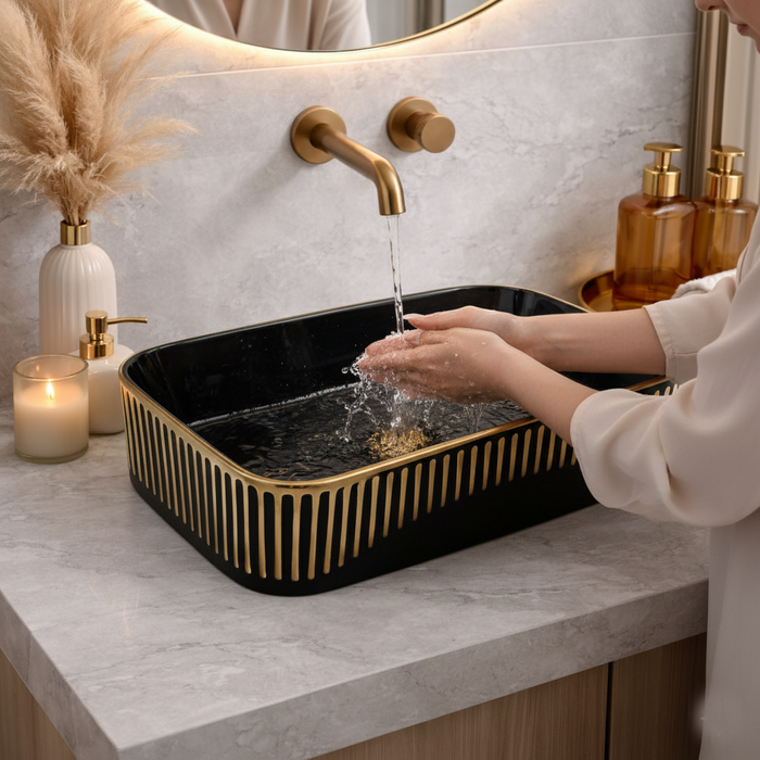 Glossy Black Rectangular Countertop Wash Basin with Gold Pattern – (20" × 13" × 5.5" IN) Black