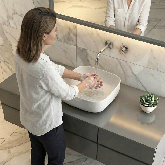 Premium Modern Ceramic White Square Table Top Basin (CHARLIE) (410x410x130mm)