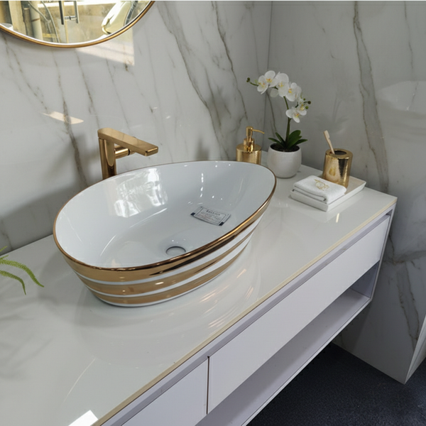Premium Designer Ceramic Table Top Wash Basin, Black, Gold & Rose Gold Finish (22 x 14 x 6.5 In) Rose gold