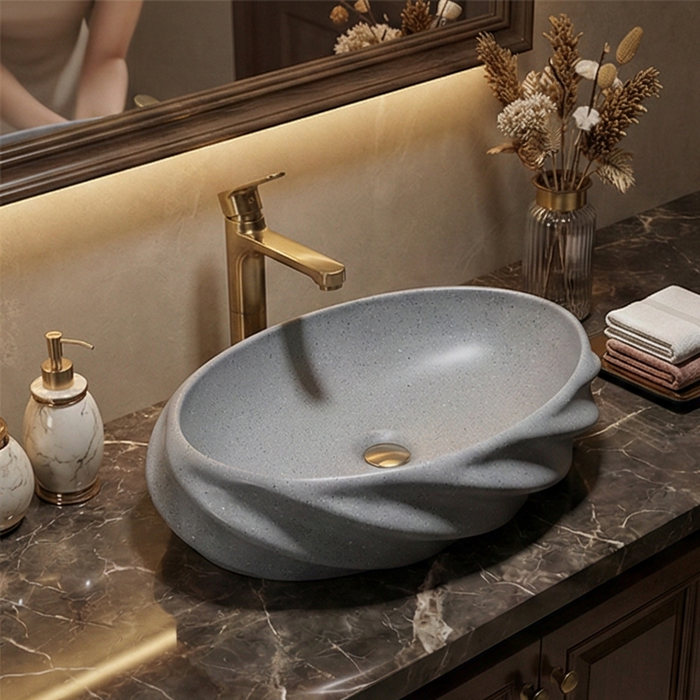 Terrazzo Matt Oval Countertop contemporary Wash Basin (21″ × 13″ × 6″ IN)