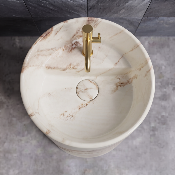 Bassino 15″ Round Ivory Marble-Effect Ceramic Pedestal Wash Basin – Glossy Finish (15″ × 15″ × 33″)