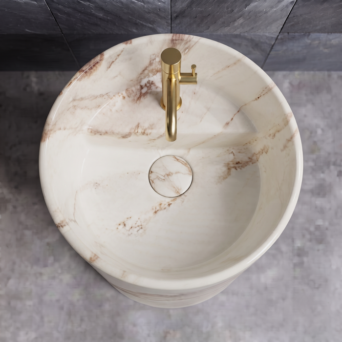 Bassino 15″ Round Ivory Marble-Effect Ceramic Pedestal Wash Basin – Glossy Finish (15″ × 15″ × 33″)