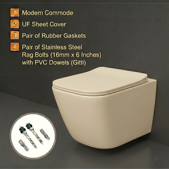 Bassino Wall Hung Toilet (21 x 13 x 14 Inches) – Matte Ivory Rimless WC with Tornado Flushing | Modern Designer Toilet