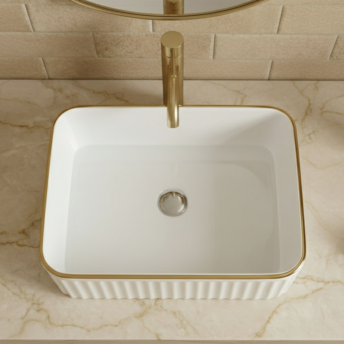 Bassino Luxury Counter Top Wash Basin with Gold Line | Designer Table Top Basin | Approx. 20 × 15 × 7 Inches