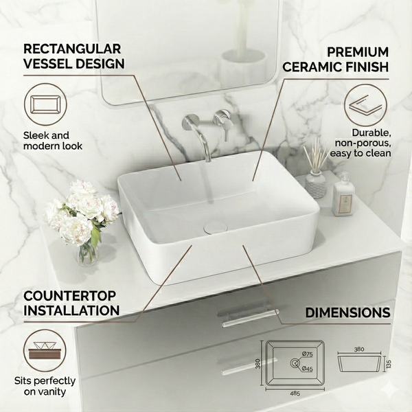 Luxury Modern Ceramic White Rectangular Table Top Basin (BOLT)(485x380x135mm)