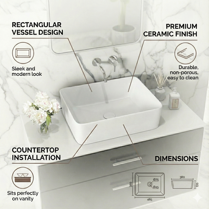 Luxury Modern Ceramic White Rectangular Table Top Basin (485x380x135mm) BOLT
