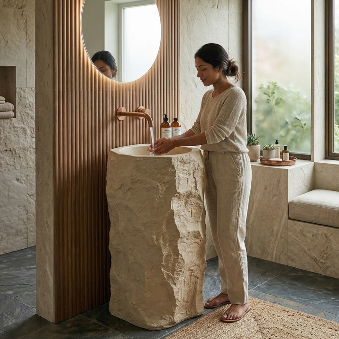 BASSINO Stone Finish Pedestal Basin – Designer Freestanding Wash Basin in Matt Ivory