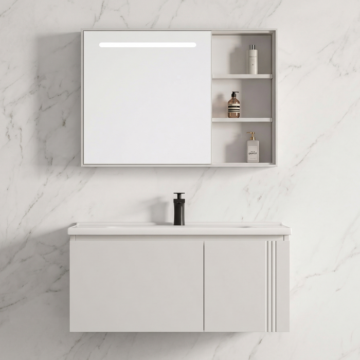 BASSINO Bathroom Vanity Cabinet Set – 32″ Wall Mounted PVC & Stainless Steel Vanity with Ceramic Basin & LED Mirror Cabinet