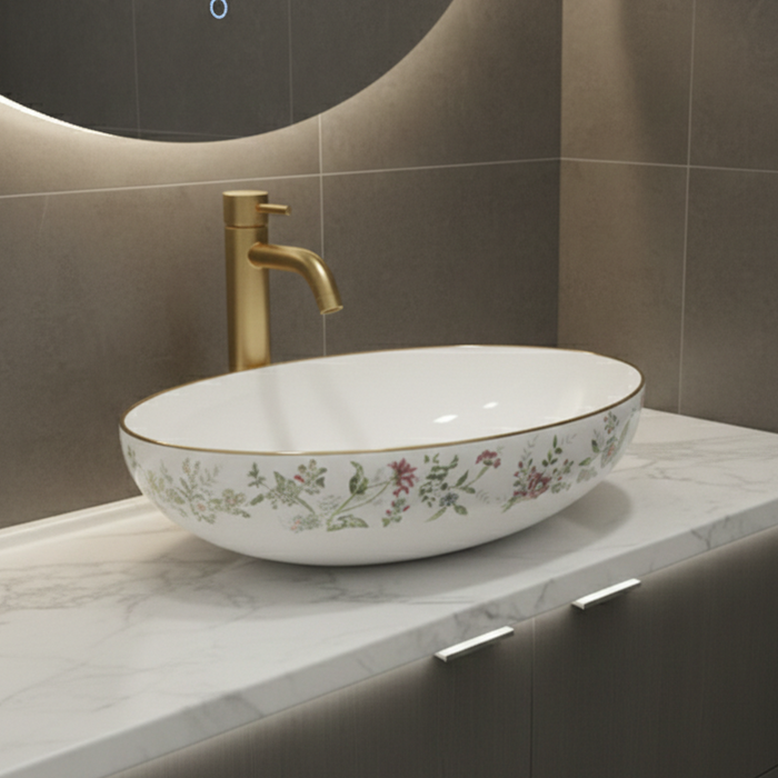 Luxury Oval Table Top Wash Basin | Rose Gold Finish | Designer Ceramic Basin (22×13×6 Inch)