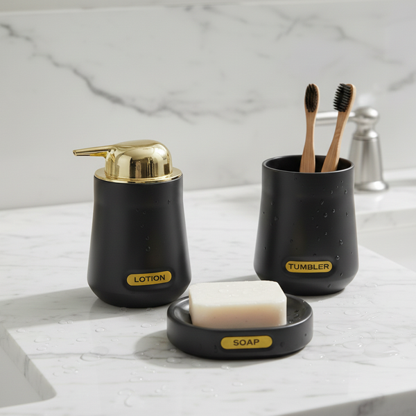 3-Piece Premium Ceramic Bathroom Accessory Set Black