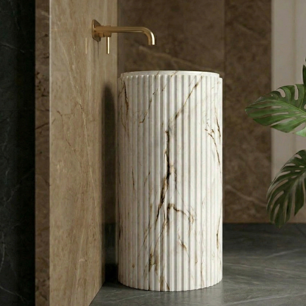 Fluted Marble-Texture Artificial Stone Pedestal Basin | Designer Freestanding Wash Basin (16″ × 16″ × 34.5″) NCASB 2072