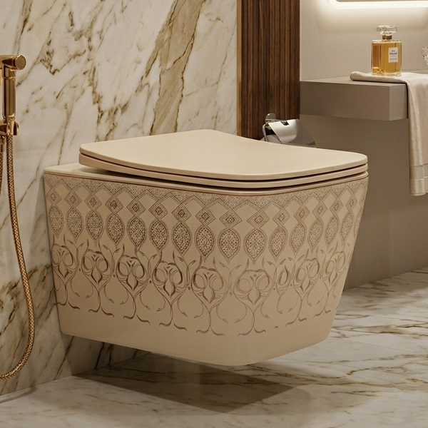 Bassino Wall Hung Toilet (21 x 13 x 14 Inches) – Satin Khakhi Moroccan Finish Rimless WC with UF Seat Cover