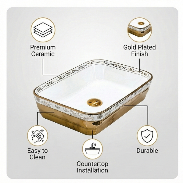 Rose Gold & Glossy White Designer Rectangular Countertop Wash Basin Bathroom Sink (20" × 14" × 5" IN)