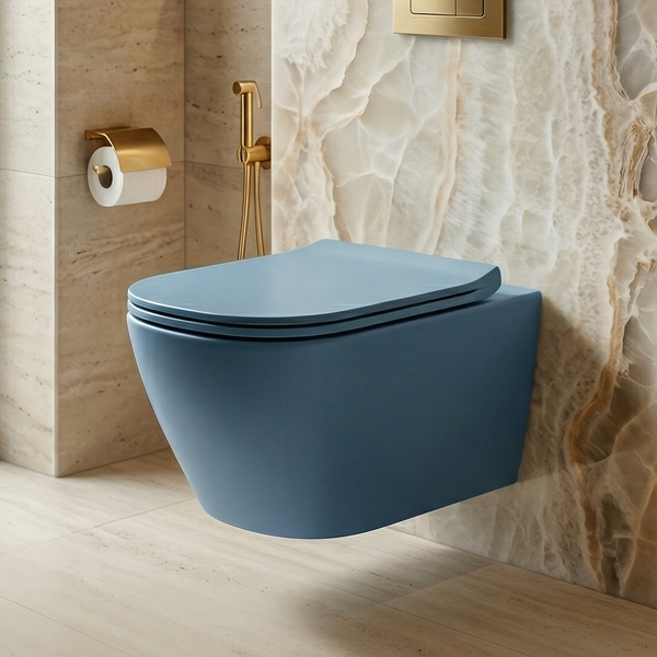 Bassino Matt Kohler Blue Wall Hung Toilet – Rimless WC with UF Seat Cover | 20.5 x 13.5 x 14 Inches
