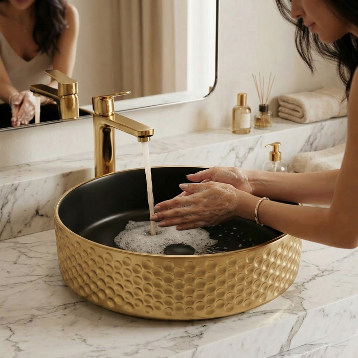 BASSINO Designer Table Top Basin – Luxury Round Countertop Wash Basin | Dual Finish Variants Gold (Size: 15″ × 15″ × 5″)