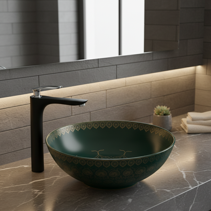 Designer Round Ceramic Countertop Basin (Matt Green With Golden Pattern –  16 x 16 x5 In- AB678)
