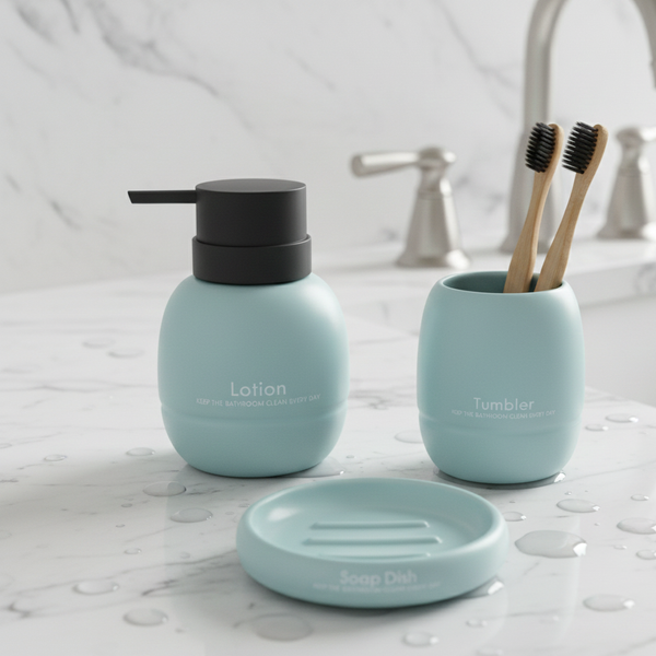3-Piece Premium Ceramic Bathroom Accessory Set Aqua Blue