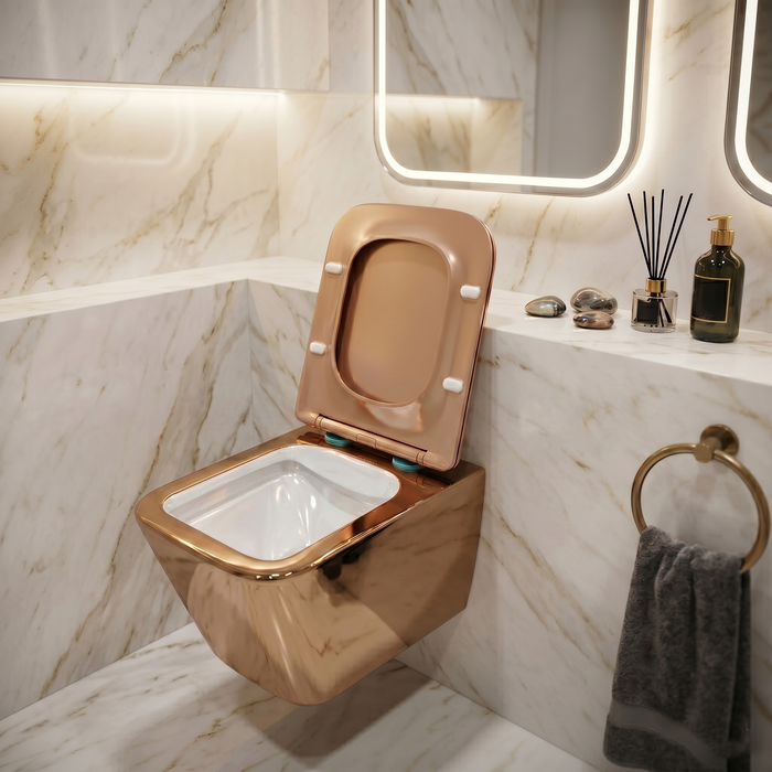 Bassino Wall Hung Toilet (21 x 13 x 14 Inches) – Rose Gold Rimless WC with UF Seat Cover | Luxury Designer Toilet