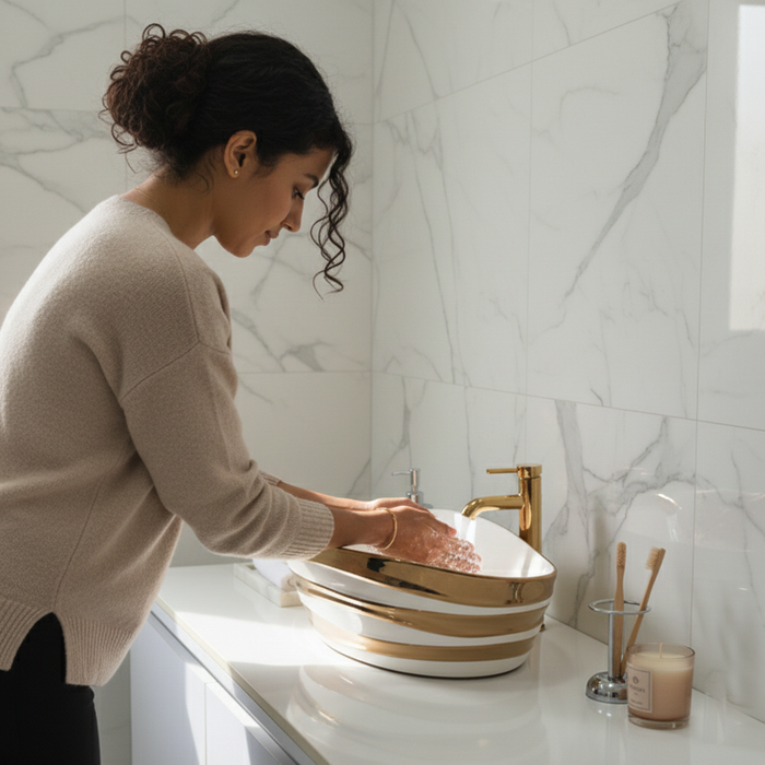 Premium Designer Ceramic Table Top Wash Basin, Black, Gold & Rose Gold Finish (22 x 14 x 6.5 In)