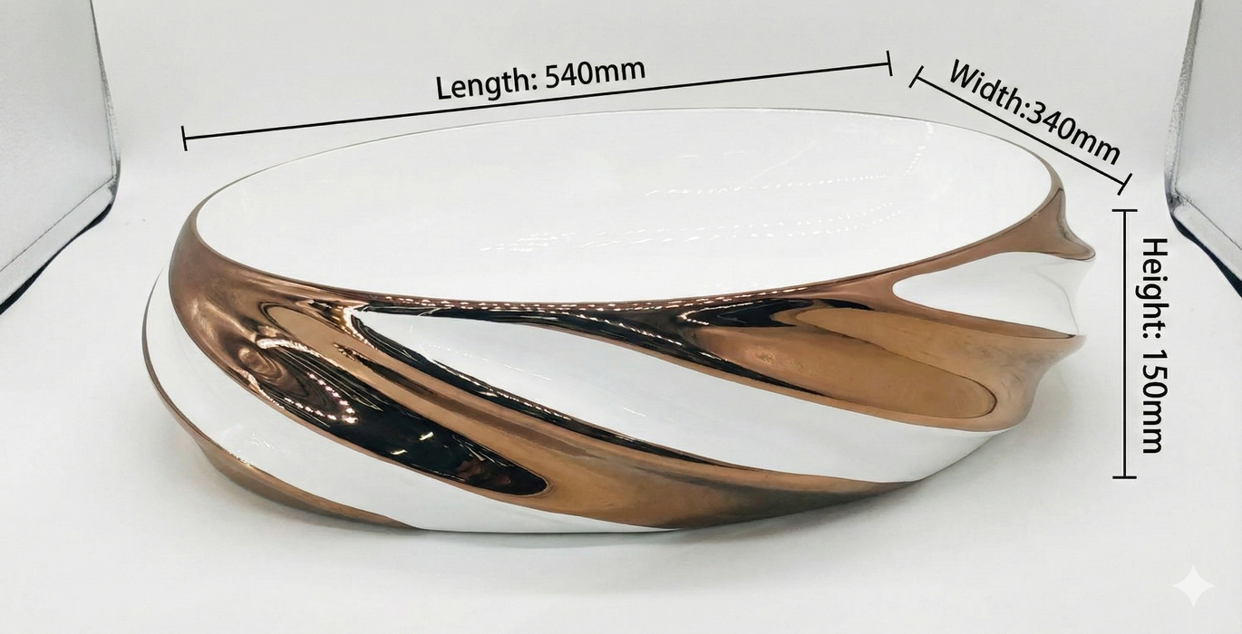 Luxury Oval Table Top Wash Basin | Glossy White Basin with Rose Gold Design (21″ × 13″ × 6″ IN) BTT-11717