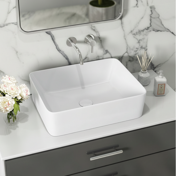 Luxury Modern Ceramic White Rectangular Table Top Basin (BOLT 16") (400x300x120mm)