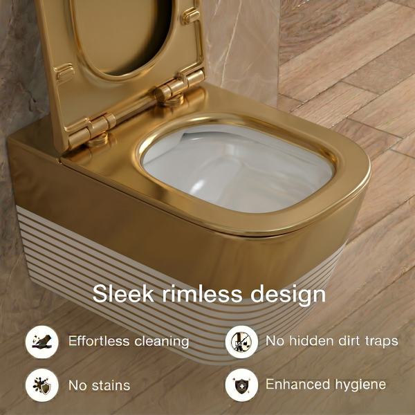 Bassino Gold Luxury Wall Hung Toilet – Rimless WC with UF Seat Cover | 20.5 x 13.5 x 14 Inches