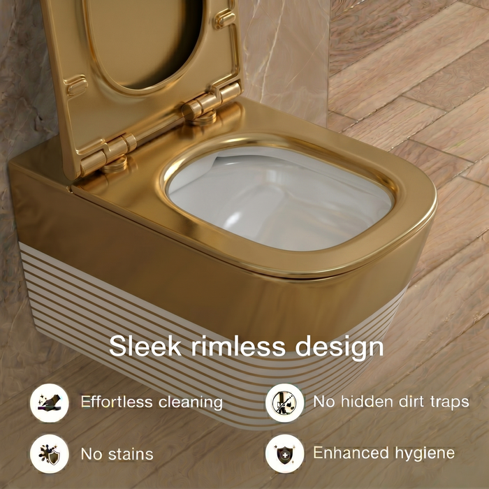 Bassino Gold Luxury Wall Hung Toilet – Rimless WC with UF Seat Cover | 20.5 x 13.5 x 14 Inches