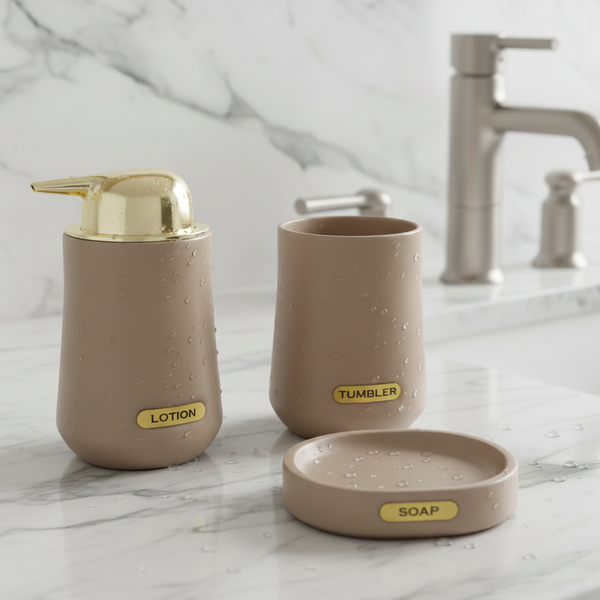 3-Piece Premium Ceramic Bathroom Accessory Set Beige