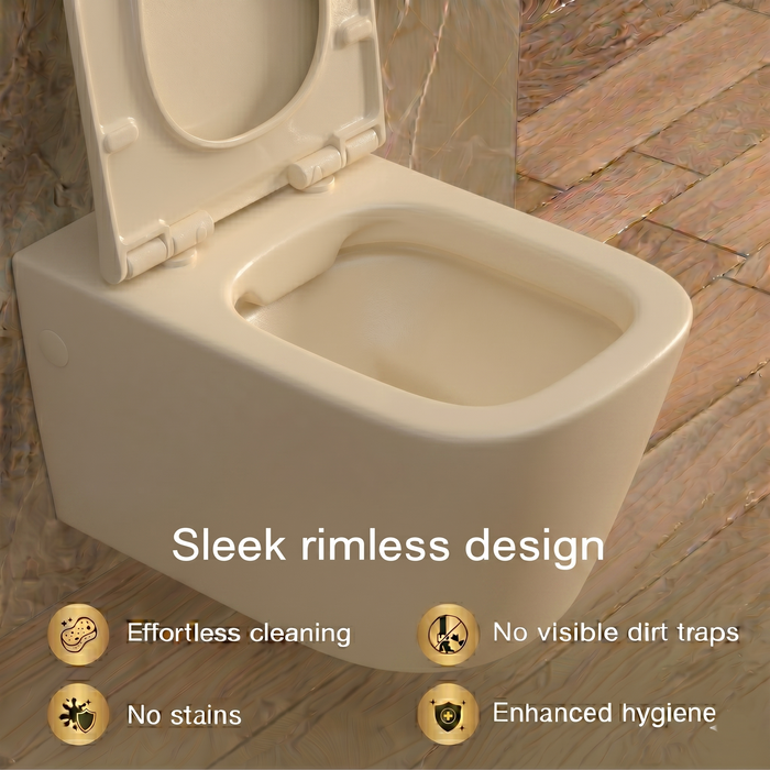Bassino Wall Hung Toilet (21 x 13 x 14 Inches) – Matte Ivory Rimless WC with Tornado Flushing | Modern Designer Toilet