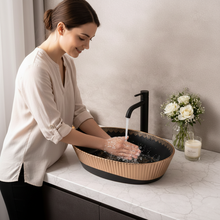 Luxury Oval Table Top Wash Basin – Matt Black with Rose Gold Pattern | Premium Designer Basin (20″ × 13″ × 6″ IN)