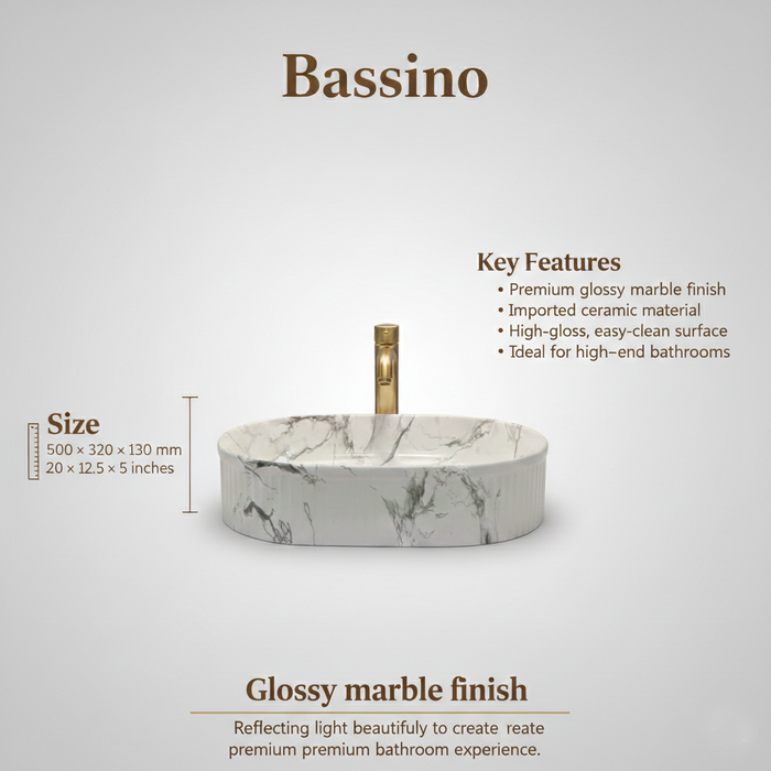 Bassino Glossy Marble Table Top Wash Basin 20 × 12.5 × 5 Inches | Luxury Imported Basin
