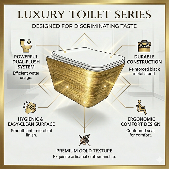 Bassino NCWH 1088 Wall Hung Toilet (21 x 14 x 5 Inches) – White Glossy Inside with Gold Texture Finish | Modern Designer WC
