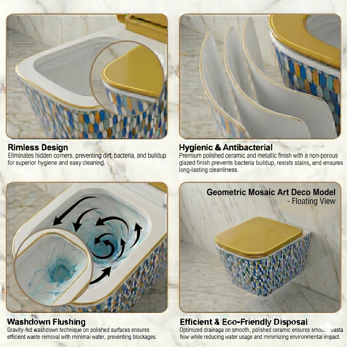 Bassino Designer Wall Hung Toilet (20.5 x 13.5 x 14 Inch) | Golden UF Seat Cover Rimless WC | Modern Commode
