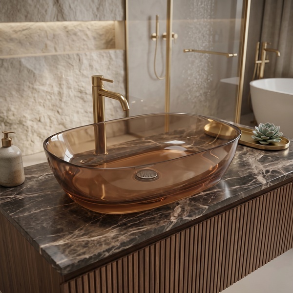 Bassino Modern Transparent Resin Wash Basin | Stylish Countertop Wash Basin for Bathroom–550x360x140 mm Brown