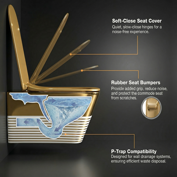 Bassino Gold Luxury Wall Hung Toilet – Rimless WC with UF Seat Cover | 20.5 x 13.5 x 14 Inches